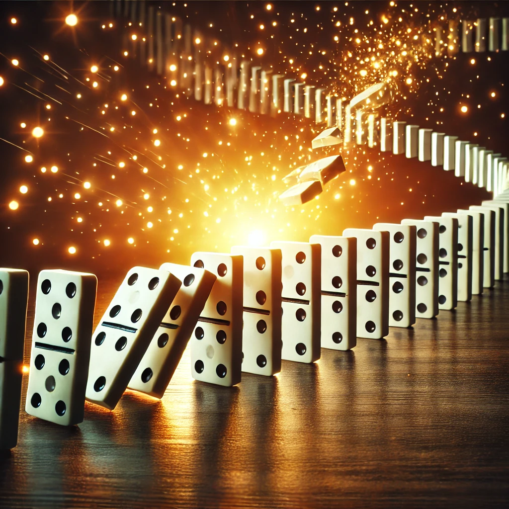 Imagen de una cadena de dominó cayendo, ilustrando la Ley de Causa y Efecto.