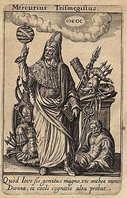 Mercurius Trismegistus, grabado en cobre de Johann Theodor de Bry para el "Tractatus posthumus de divinatione & magicis præstigiis" de Jean-Jacques Boissard, Oppenheim, 1615. Biblioteca Nacional de España.