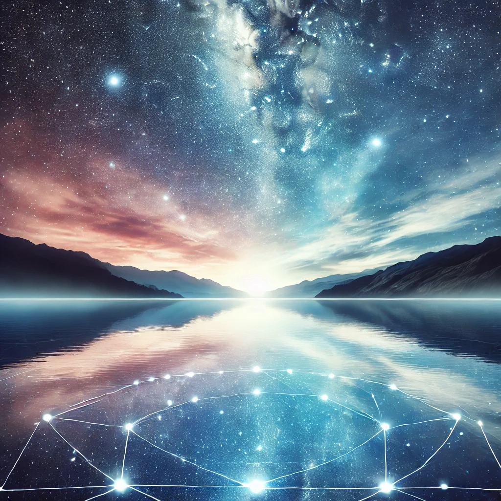 Representación visual de la Ley de Correspondencia, con un cielo estrellado reflejado en un lago.