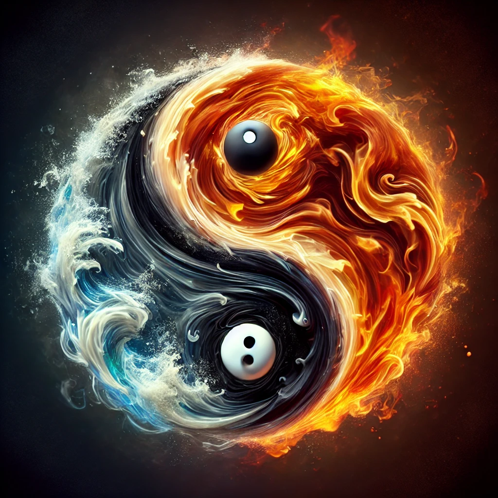 Símbolo de la Ley de Polaridad, representando dualidades como luz y sombra, fuego y agua.