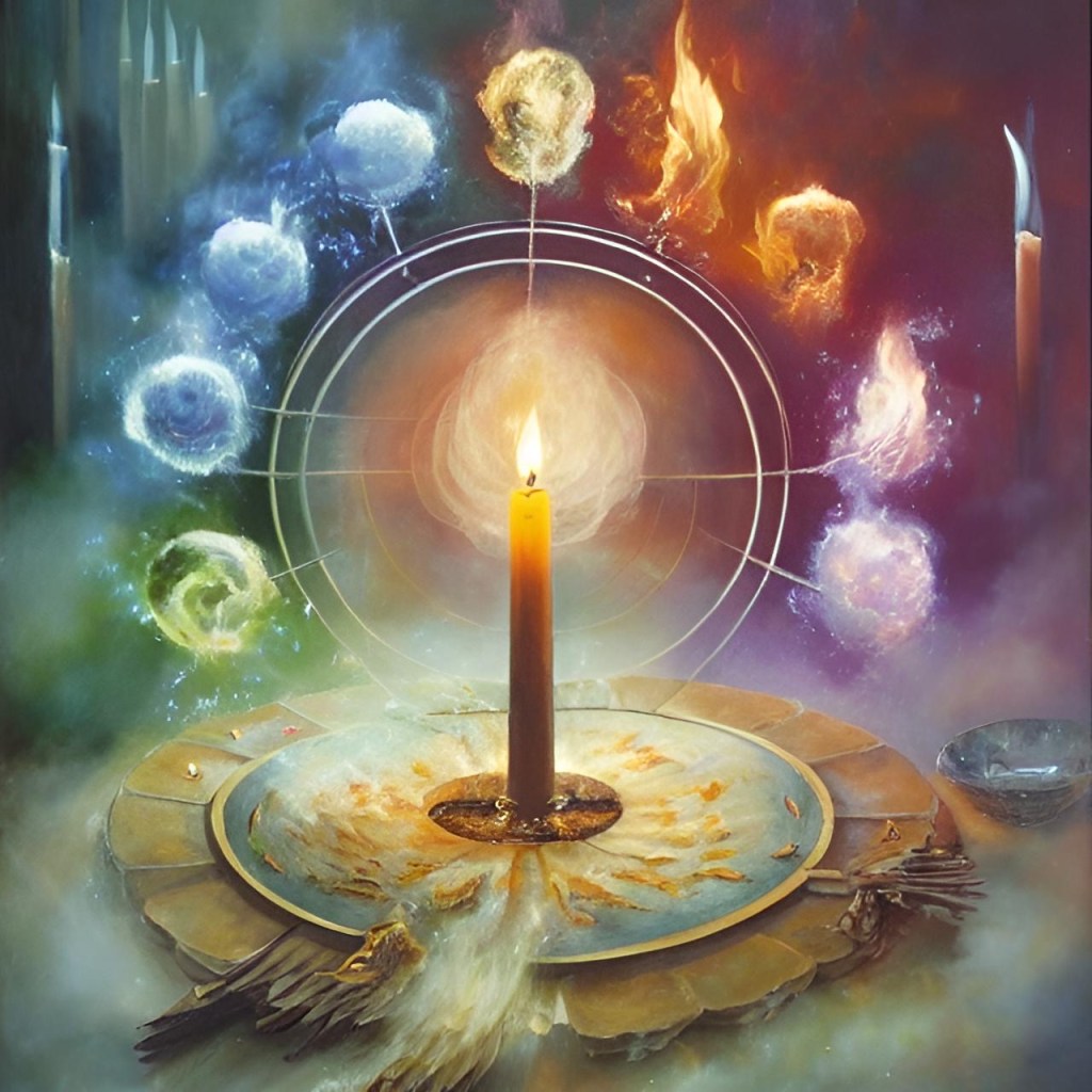 Vela rodeada de simbolismo místico que representa tierra, aire, fuego y agua.