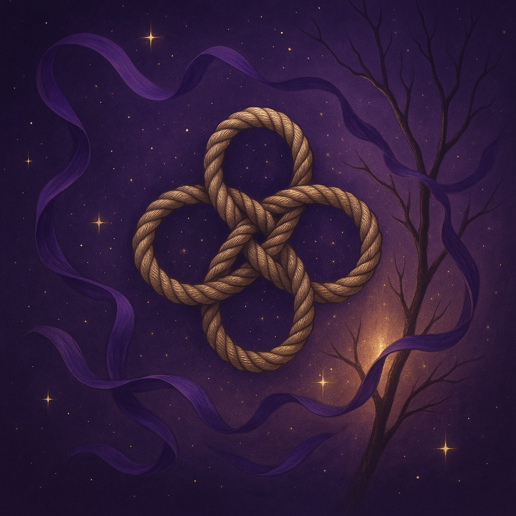 Nudo celta hecho con cuerda, rodeado de estrellas y listones morados.