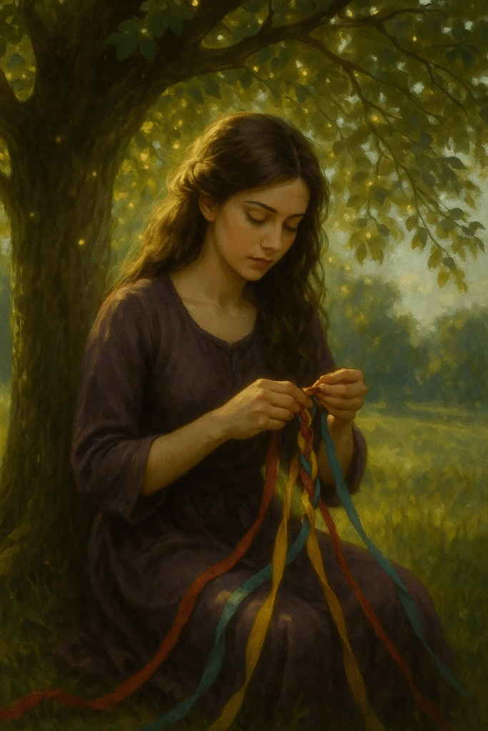 Ilustración de una mujer joven trenzando listones de colores con intención ritual. Sentada bajo un árbol, teje su deseo en un entorno natural, evocando la práctica ancestral de la magia con nudos.