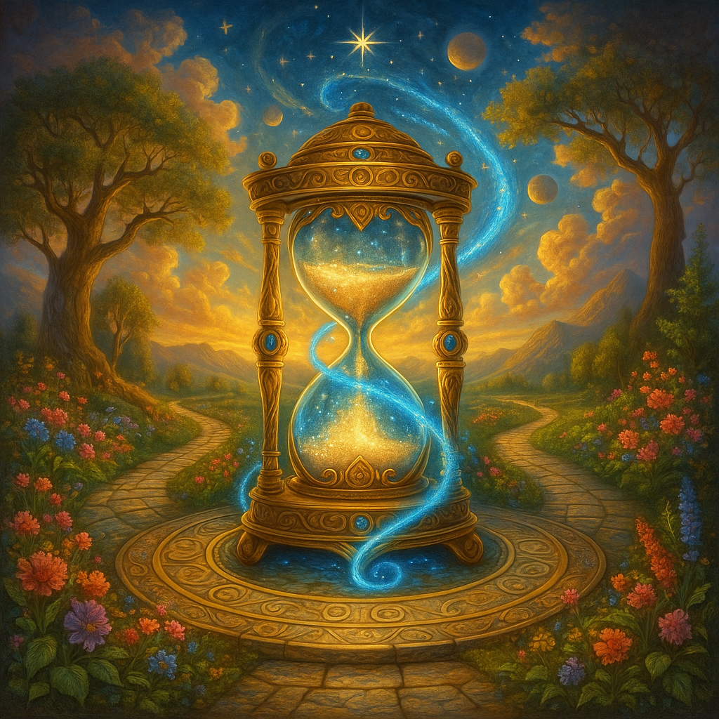 Reloj de arena alquímico en un paisaje mágico con espiral de energía celeste.