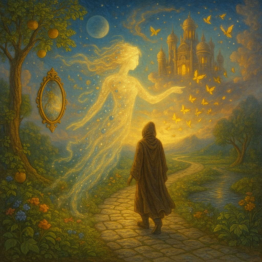 Figura luminosa guiando a una persona encapuchada hacia un castillo etéreo.