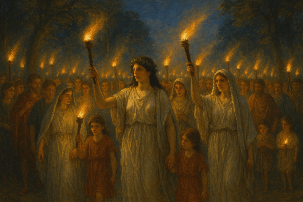 Representación artística del festival romano Nemoralia con procesión de antorchas en honor a Diana y Hécate.