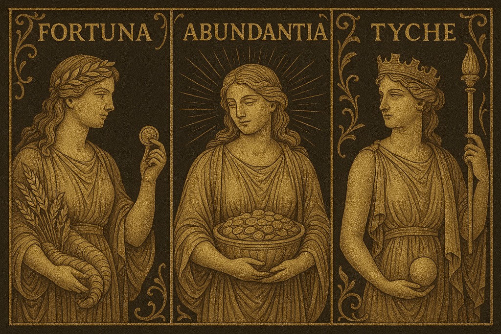 Ilustración dorada de tres diosas: Fortuna con cornucopia y moneda, Abundia con cuenco de monedas y Tyche coronada con esfera y cetro, en estilo clásico.