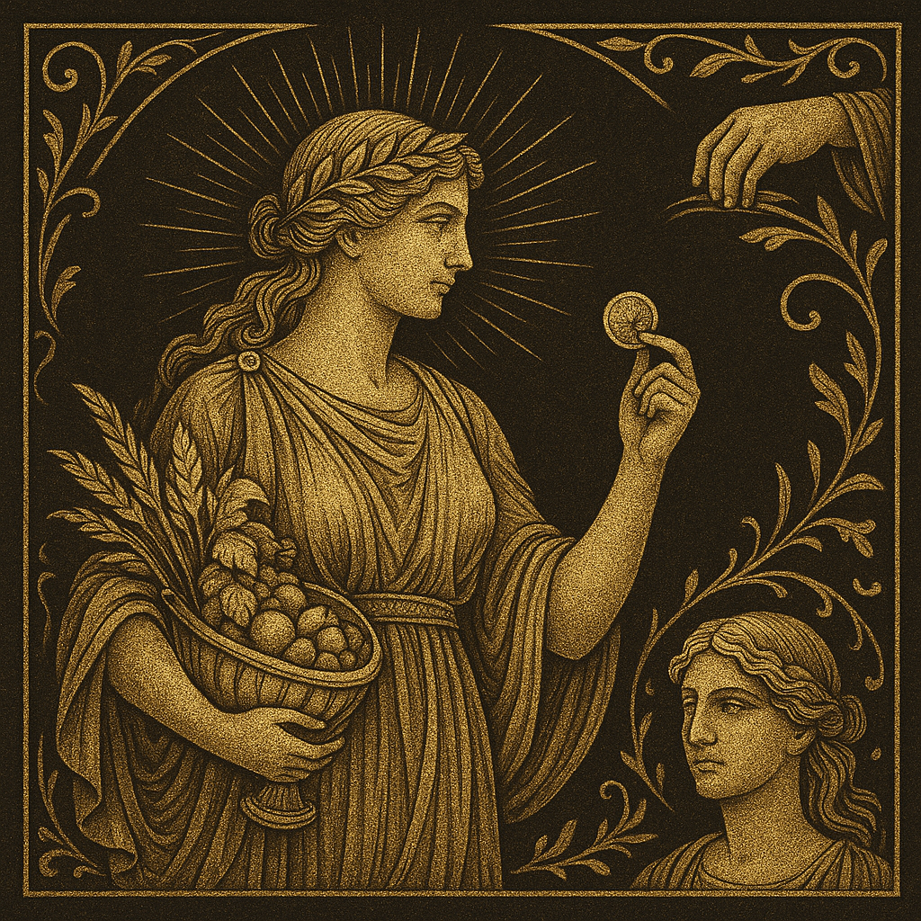 Ilustración Art Nouveau en dorado de la Diosa Fortuna con cornucopia, monedas, trigo, rueda del destino y figura vendada, representando la abundancia y lo impredecible.