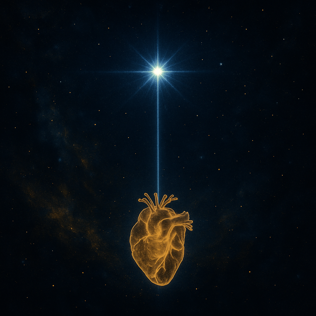 Ilustración mística de un corazón dorado iluminado por un rayo descendente proveniente de Sirio, sobre un cielo estrellado azul profundo.