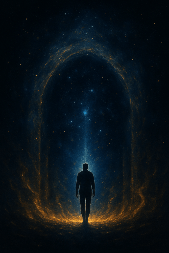 Silueta humana caminando hacia un portal de luz azul y dorada en medio de un vórtice cósmico. Escena espiritual y contemplativa.