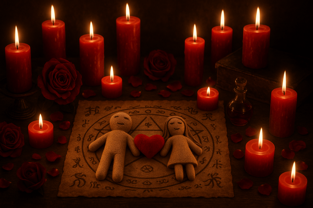 Altar esotérico de amor con muñecos fetiches de pareja sobre un pentagrama antiguo, rodeados de velas rojas encendidas, rosas, pétalos y una botella ritual en un ambiente cálido y místico.
