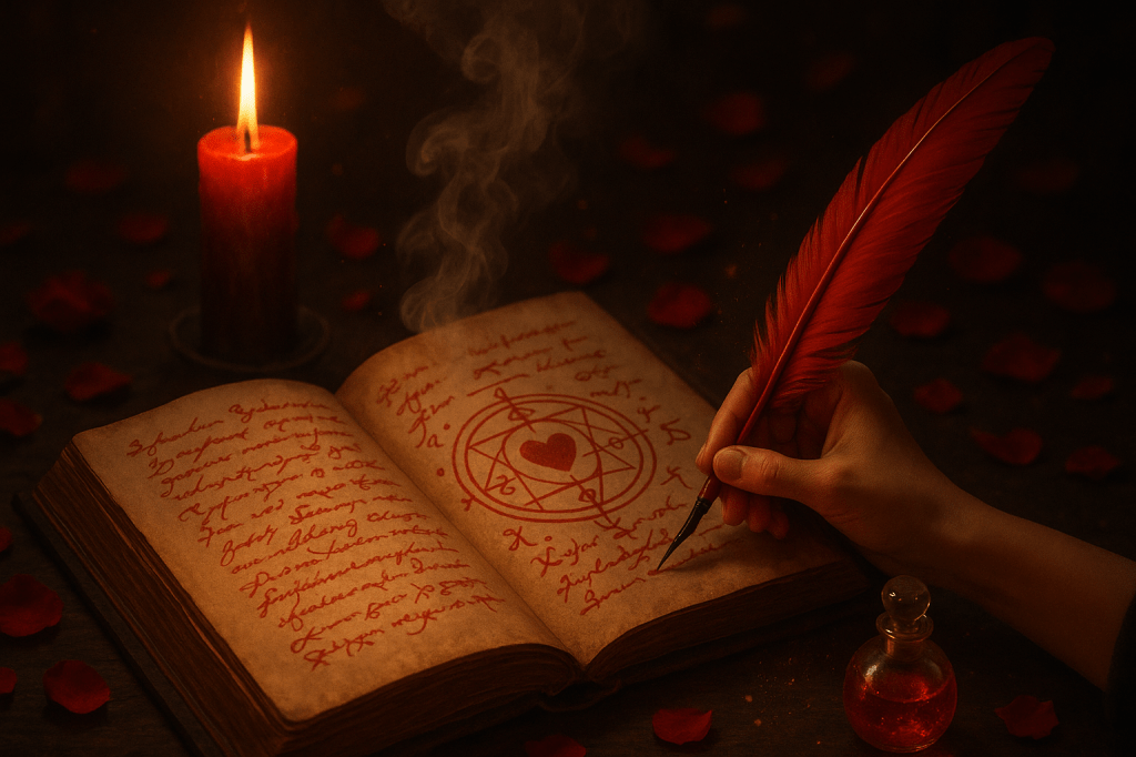 Hechizo de amor en un libro grimorio escrito con tinta roja