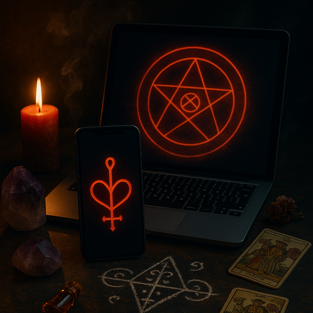 Ritual esotérico contemporáneo con dispositivos digitales. Un celular y una laptop muestran símbolos mágicos brillantes en rojo, rodeados de velas, cristales, tarot y un sigilo trazado con polvo, fusionando tecnología y magia en un ambiente místico.