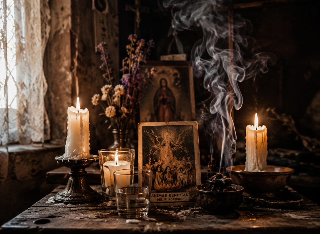 Altar doméstico dedicado a las Ánimas del Purgatorio con veladoras blancas, vaso de agua, flores secas y estampita religiosa antigua entre humo de incienso.