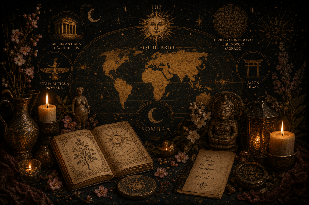 Ilustración mística inspirada en antiguas celebraciones de los equinoccios con símbolos astrales, mapas celestes y referencias culturales de Persia, Japón, Grecia y civilizaciones mayas.