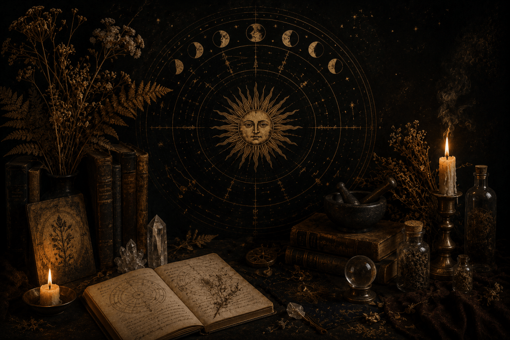 Altar esotérico con símbolos astrales, libros antiguos, velas y herramientas rituales representando la magia y espiritualidad de los equinoccios.