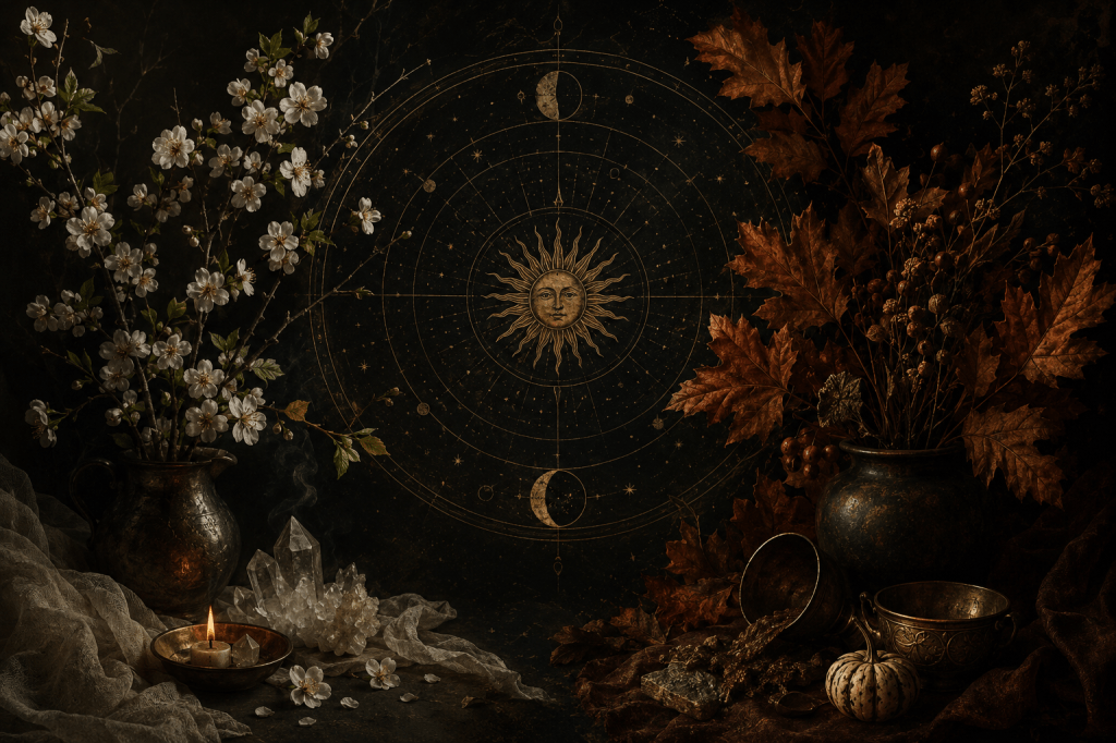 Ilustración mística de equinoccio con símbolos astrales, flores de primavera y hojas de otoño representando el equilibrio entre luz y oscuridad.