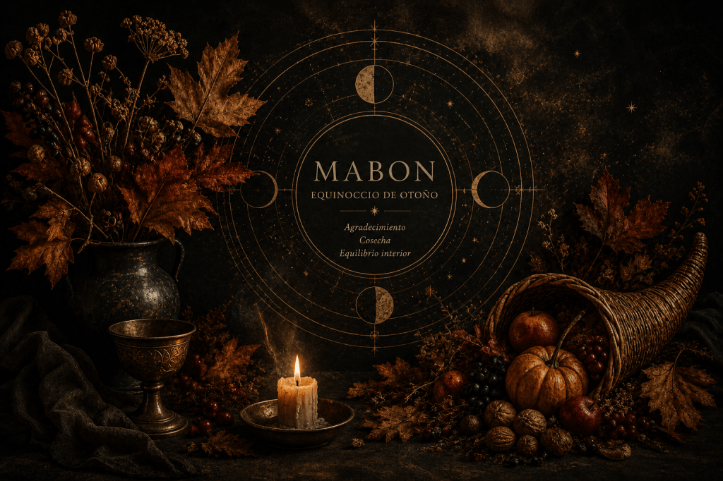 Ilustración mística de Mabon con símbolos astrales, hojas otoñales, frutos de cosecha y elementos rituales representando el equinoccio de otoño y el equilibrio espiritual.