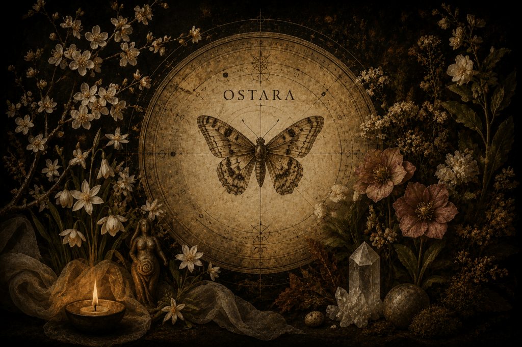 Ilustración esotérica de Ostara con símbolos astrales, mariposa central, flores primaverales y elementos rituales representando el renacimiento y el equinoccio de primavera.