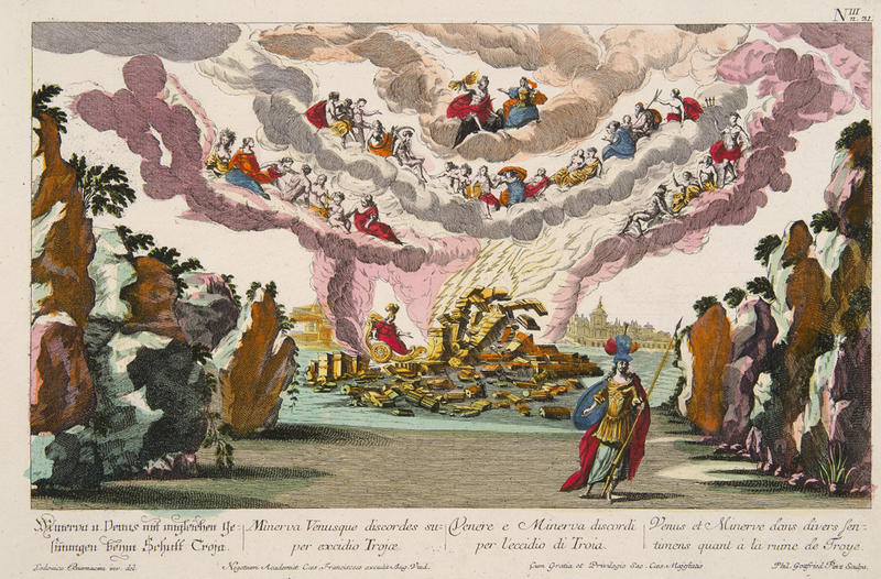 Venus and Minerva Engraving with hand-coloring in Discord over the Fall of Troy (1700). Ludovico Ottavio Burnacini.