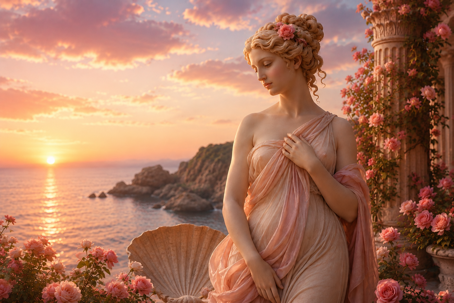 Representación artística de Afrodita, diosa griega del amor y la belleza, junto al mar al atardecer, rodeada de rosas rosadas, columnas clásicas y una gran concha marina.